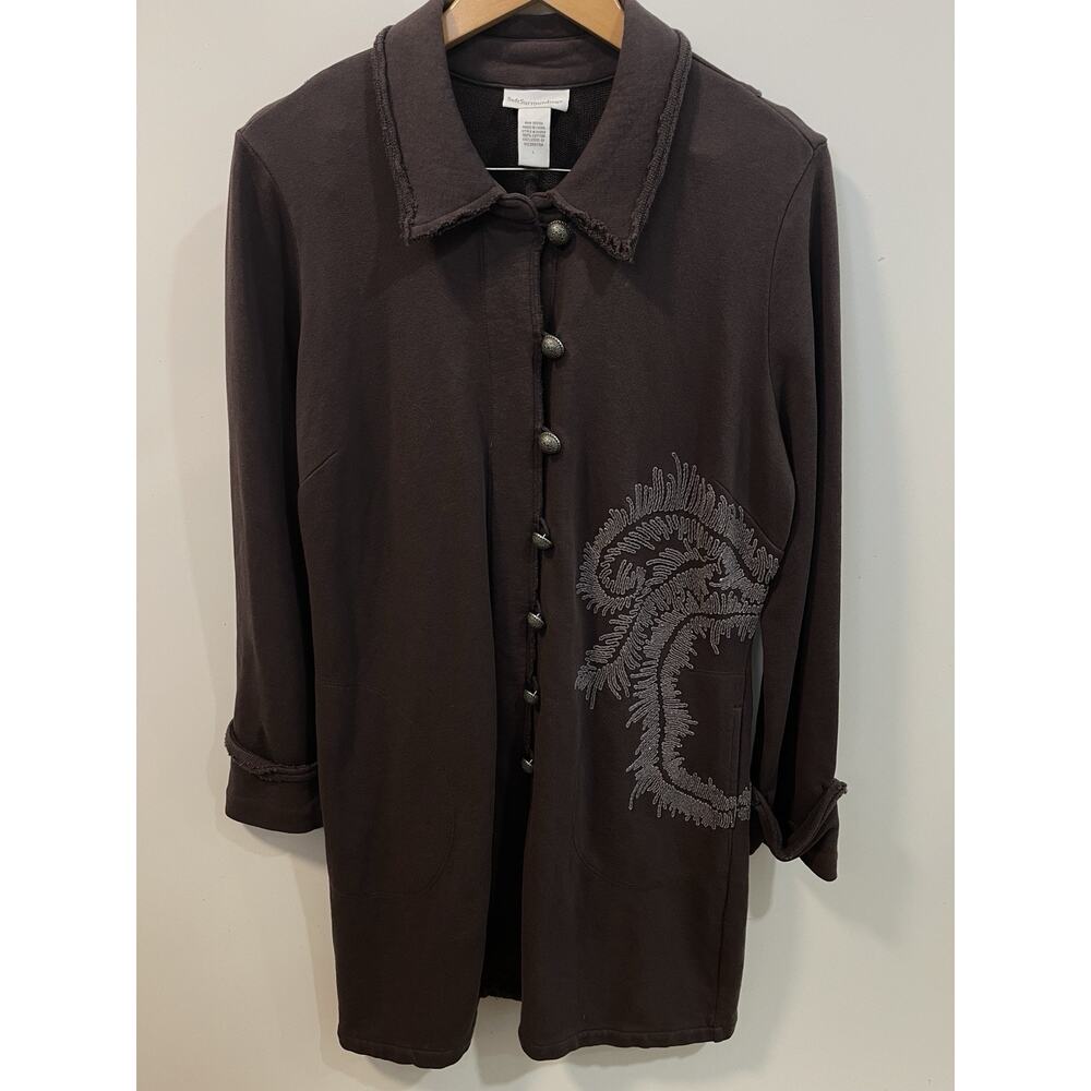 Soft Surroundings Womens Brown Embroidered Jacket Size LButton Front Outerwear